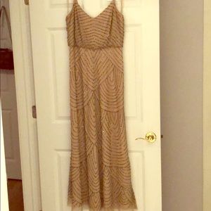 Adrianna Papell long beaded dress in taupe/ pink